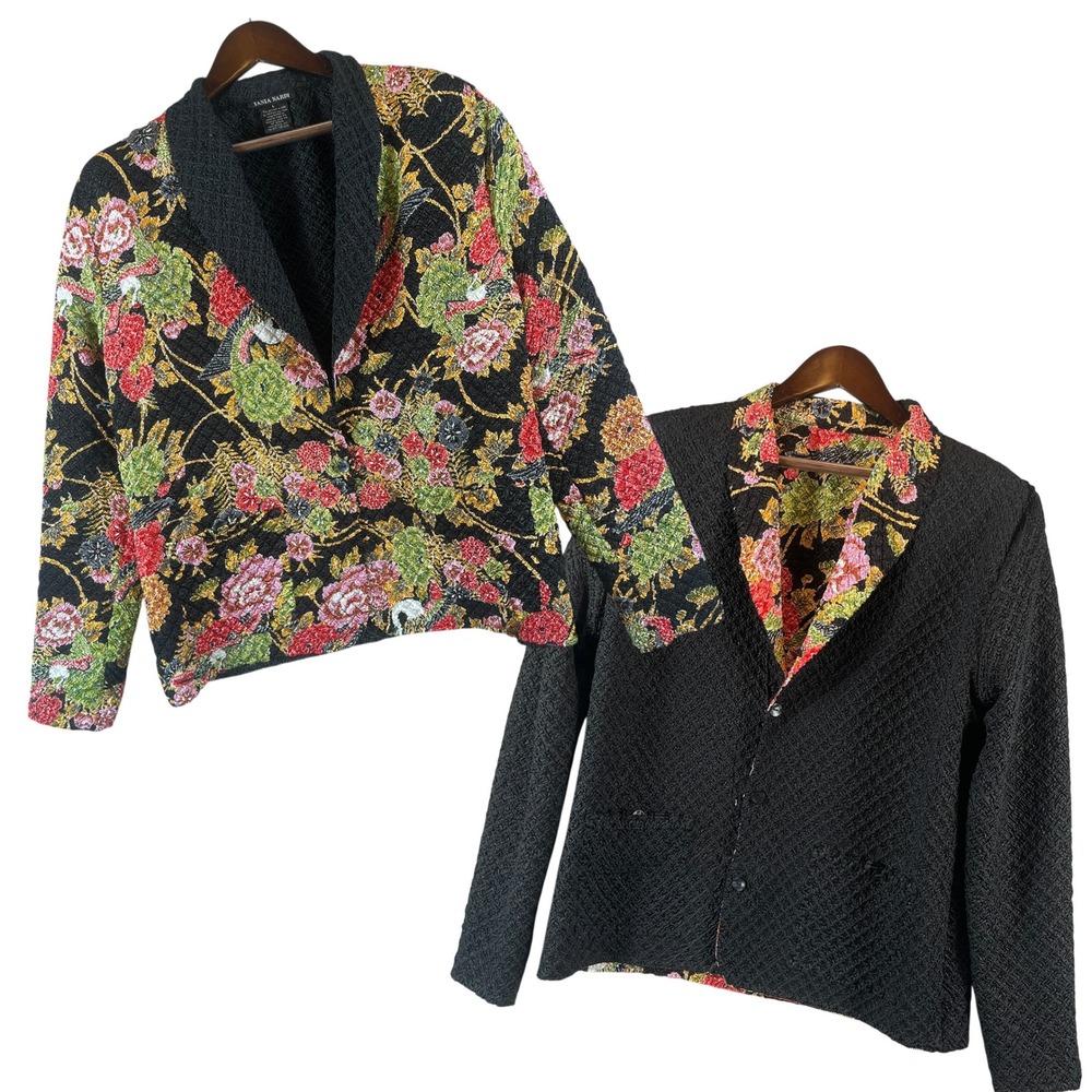 VTG Tania Nardi Reversible Crinkle Jacket L Black Floral Botanical Wearable Art